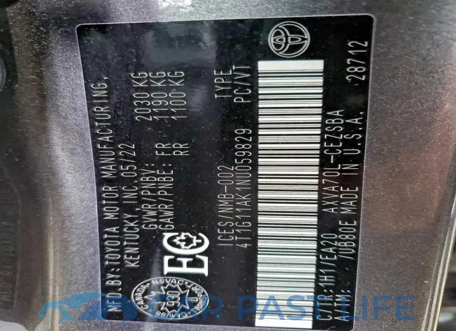 4T1G11AK1NU059829# 12