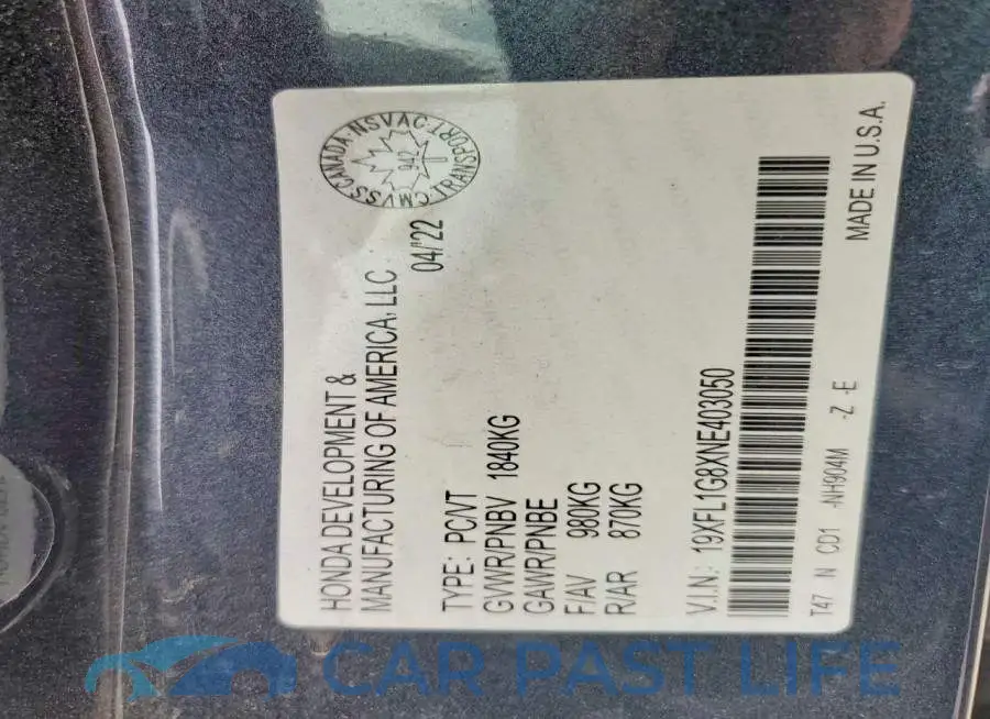 19XFL1G8XNE403050# 13
