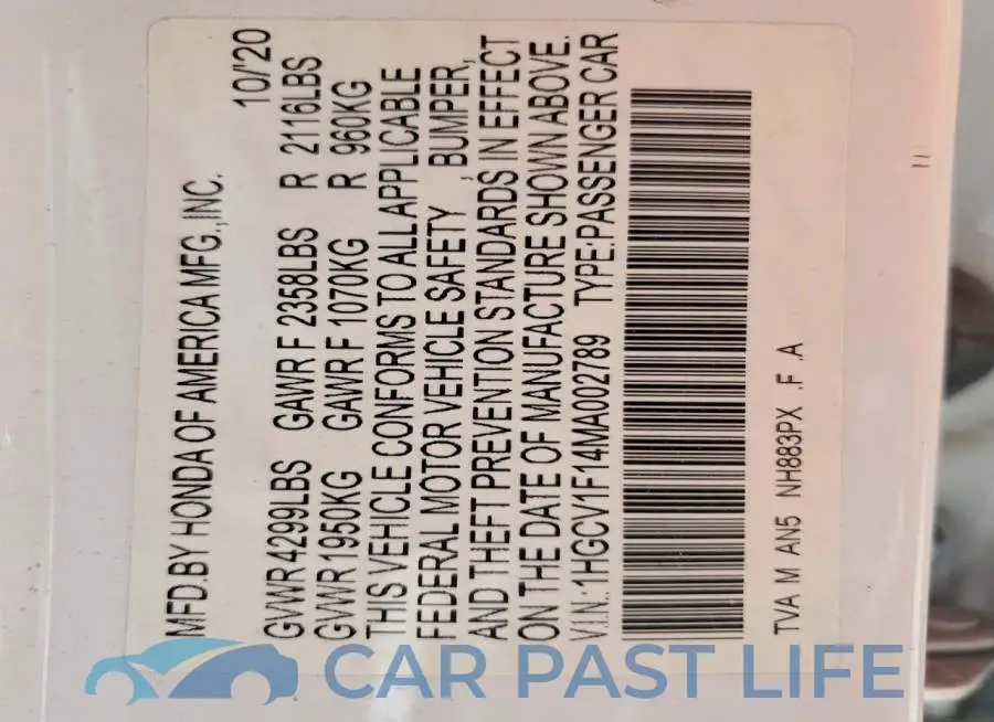 1HGCV1F14MA002789# 12