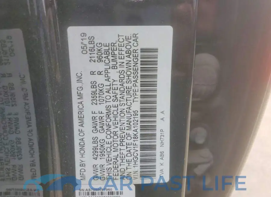 1HGCV1F18KA102195# 12