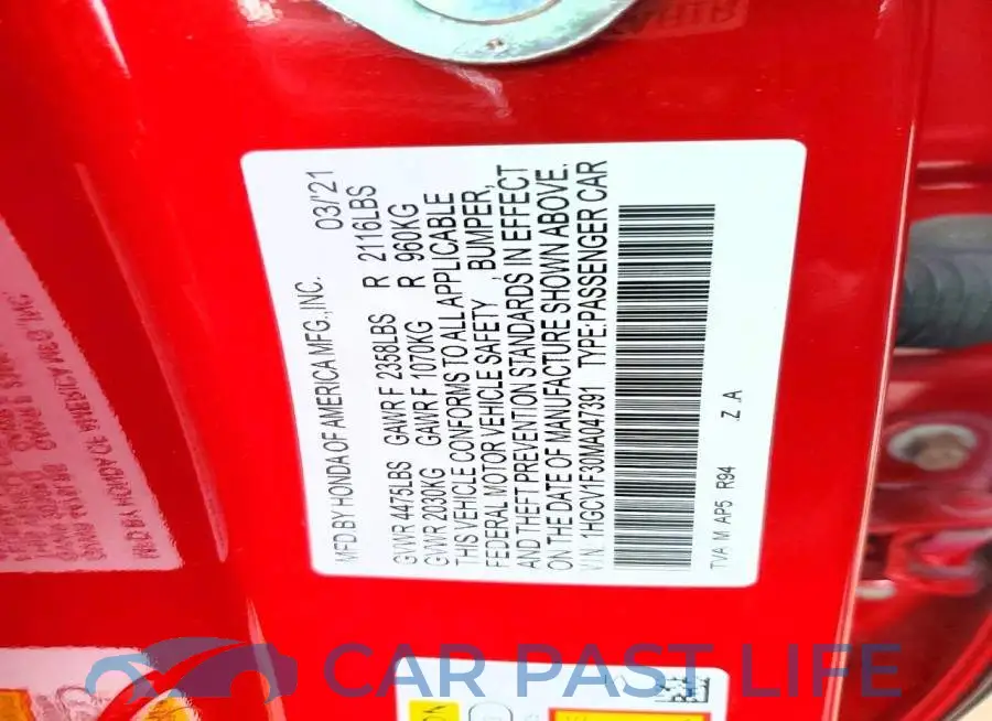 1HGCV1F30MA047391# 12