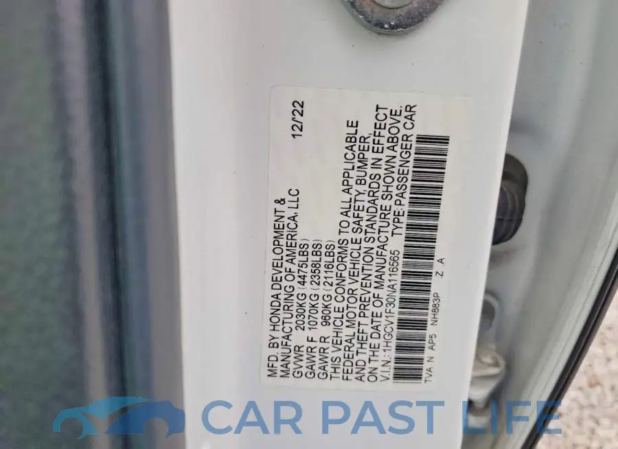 1HGCV1F30NA116565# 12