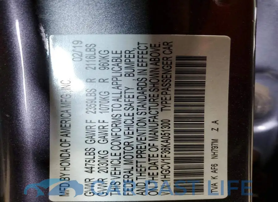 1HGCV1F36KA051300# 12