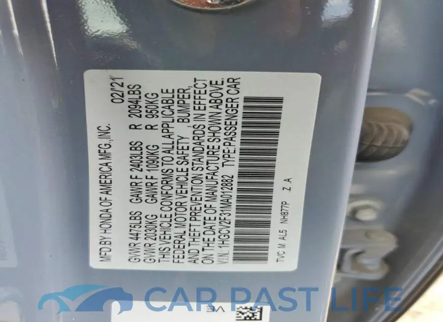 1HGCV2F31MA012882# 12