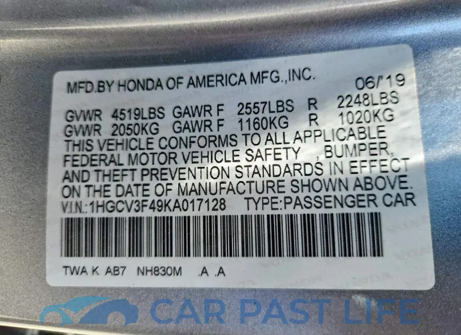 1HGCV3F49KA017128# 12