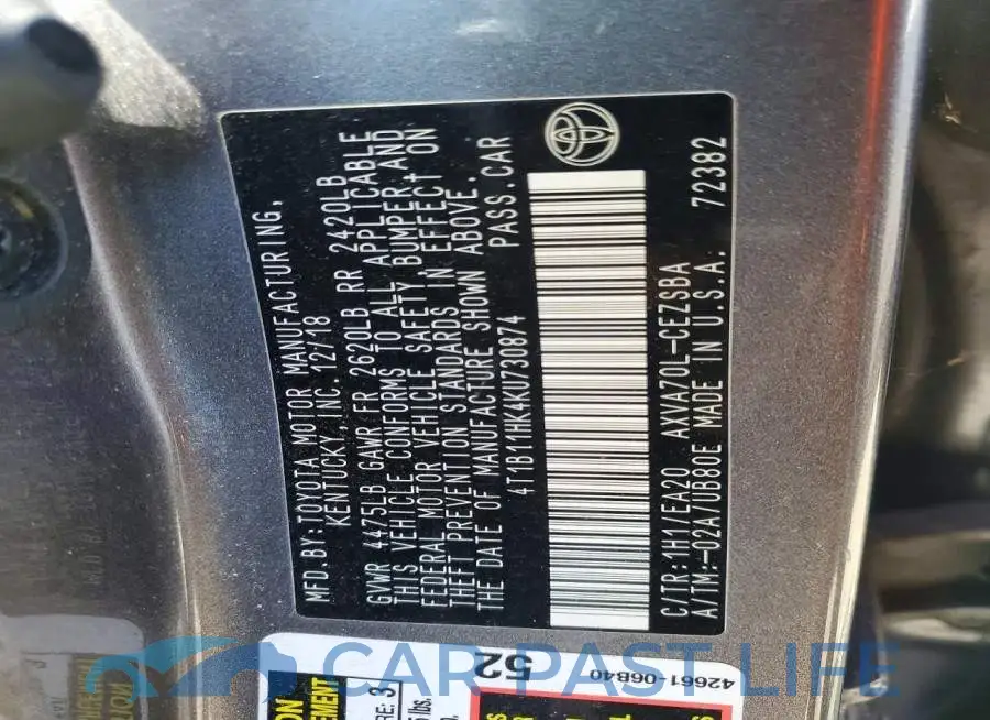 4T1B11HK4KU730874# 12