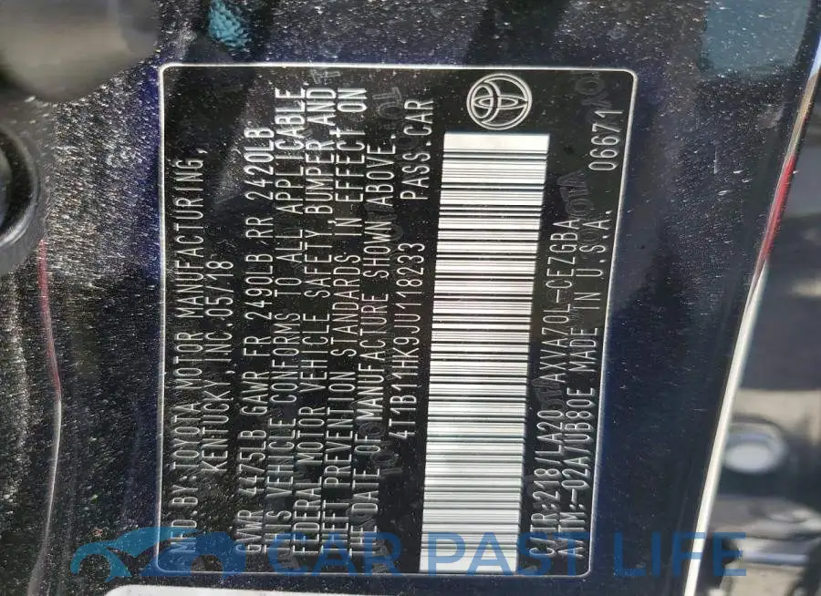 4T1B11HK9JU118233# 12