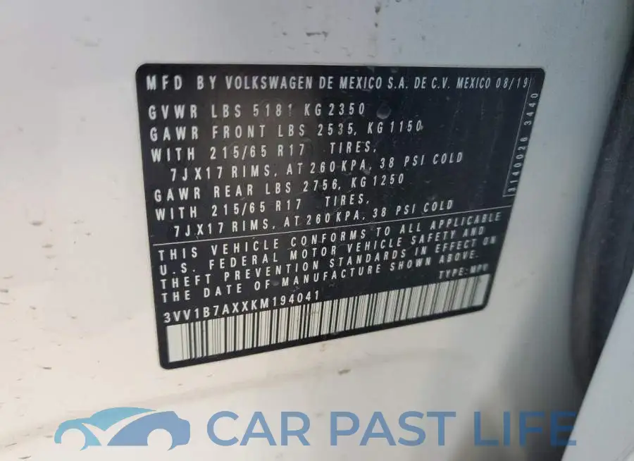 3VV1B7AXXKM194041# 12