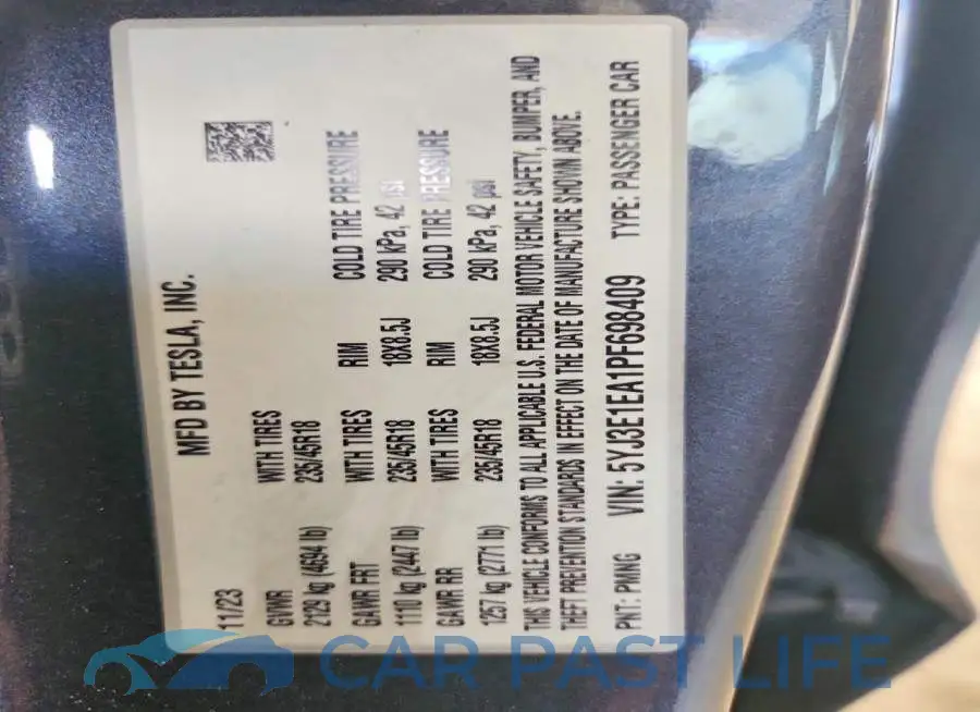 5YJ3E1EA1PF698409# 12