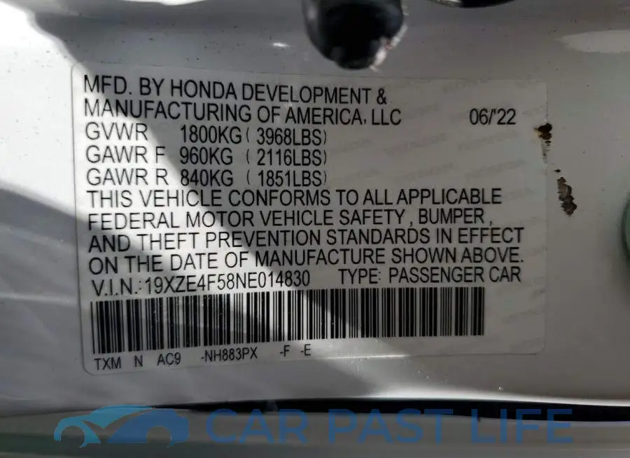 19XZE4F58NE014830# 12