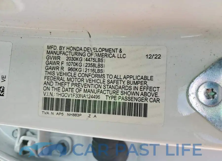 1HGCV1F33NA124496# 12