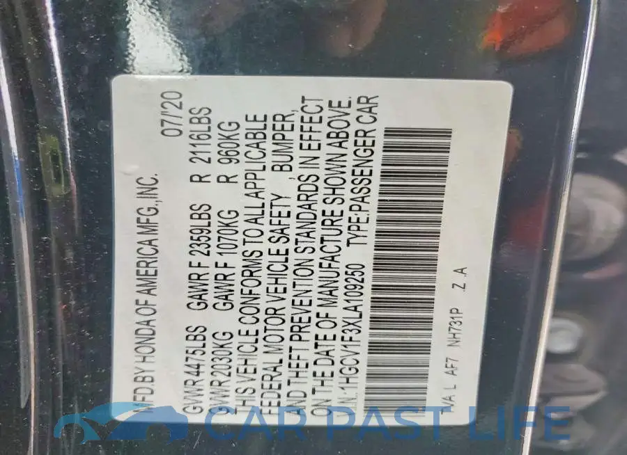 1HGCV1F3XLA109250# 12