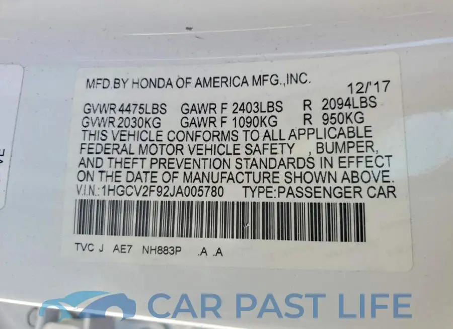 1HGCV2F92JA005780# 12