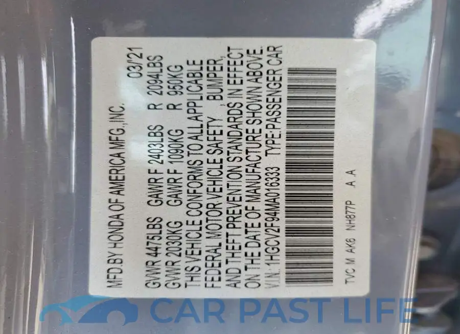1HGCV2F94MA016333# 13