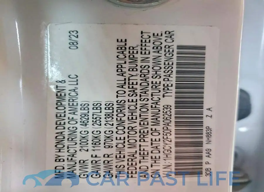 1HGCY2F50PA062539# 13