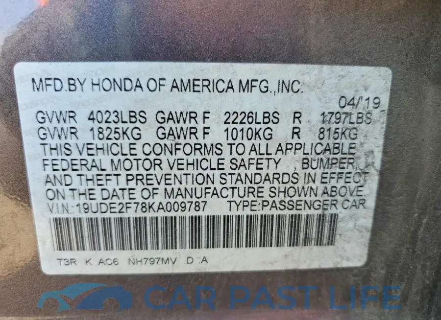 19UDE2F78KA009787# 12