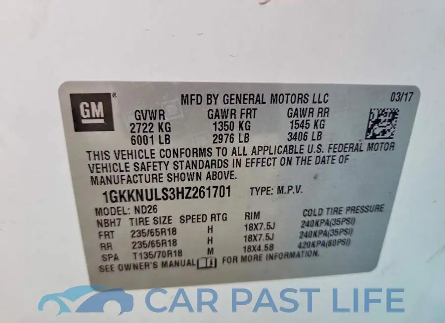 1GKKNULS3HZ261701# 12
