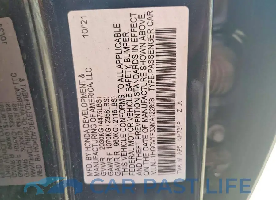 1HGCV1F33MA122858# 12