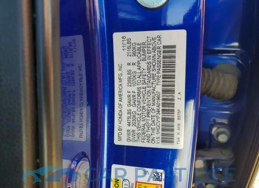 1HGCV1F34KA019607# 13