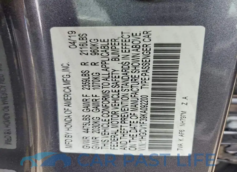 1HGCV1F39KA092200# 13