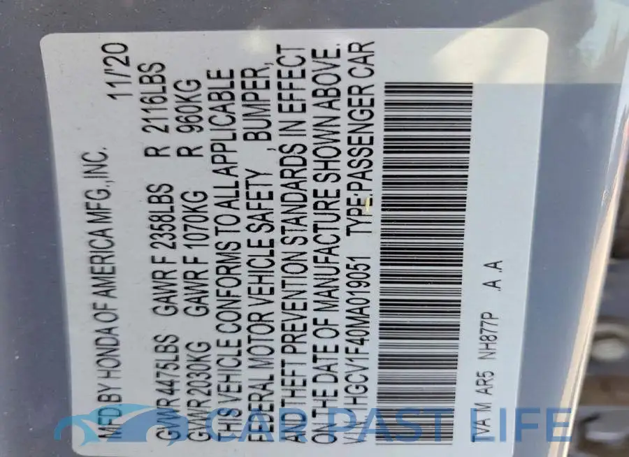 1HGCV1F40MA019051# 12