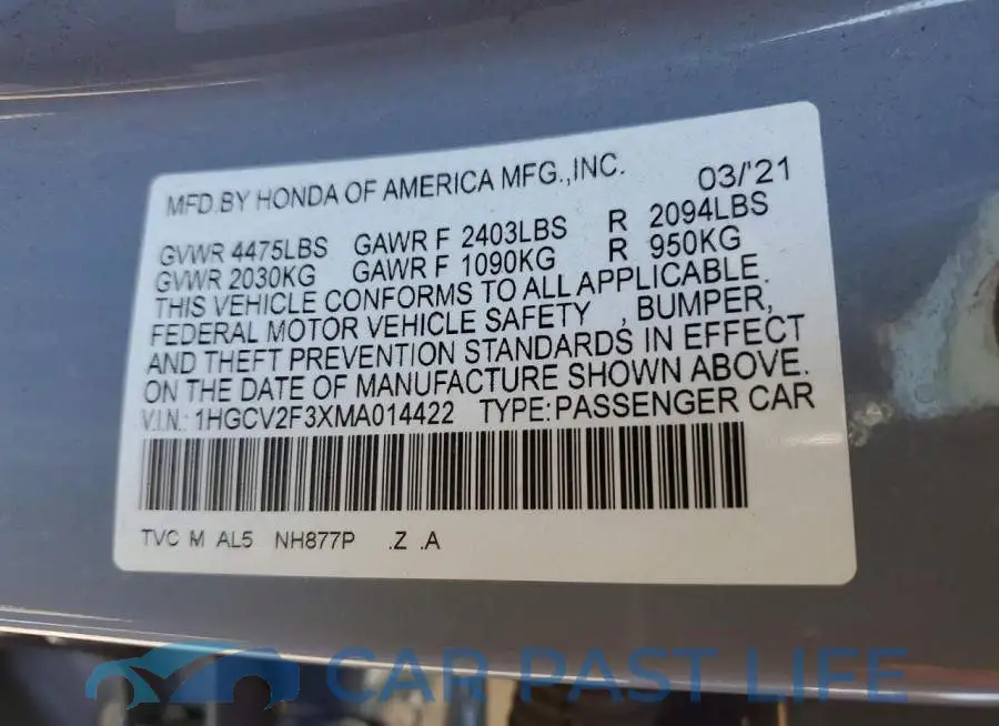 1HGCV2F3XMA014422# 12