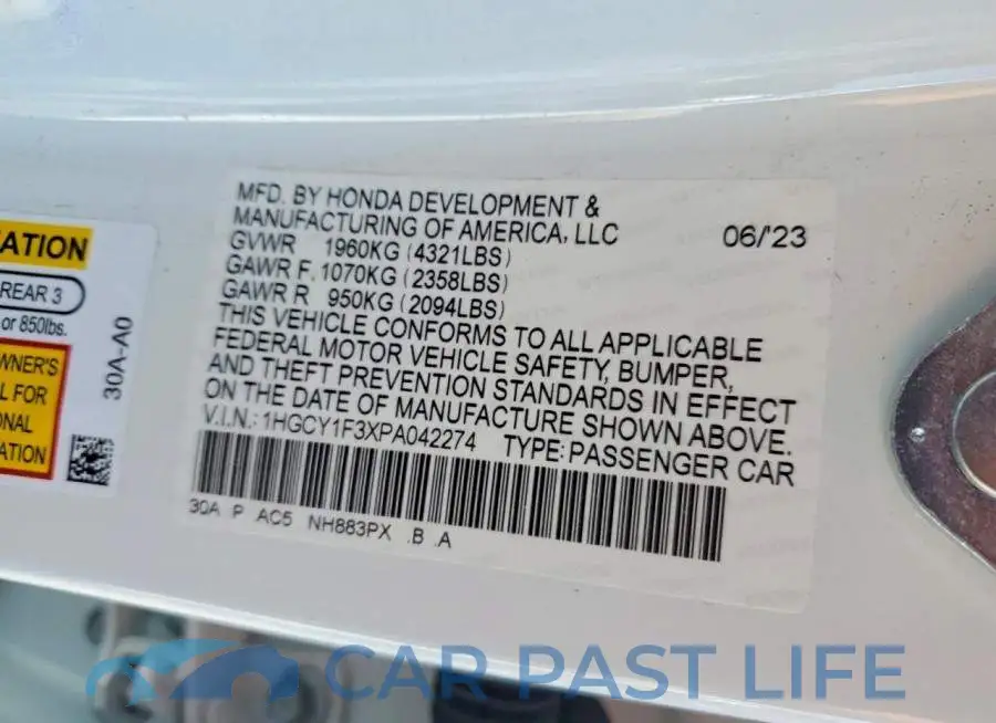 1HGCY1F3XPA042274# 12