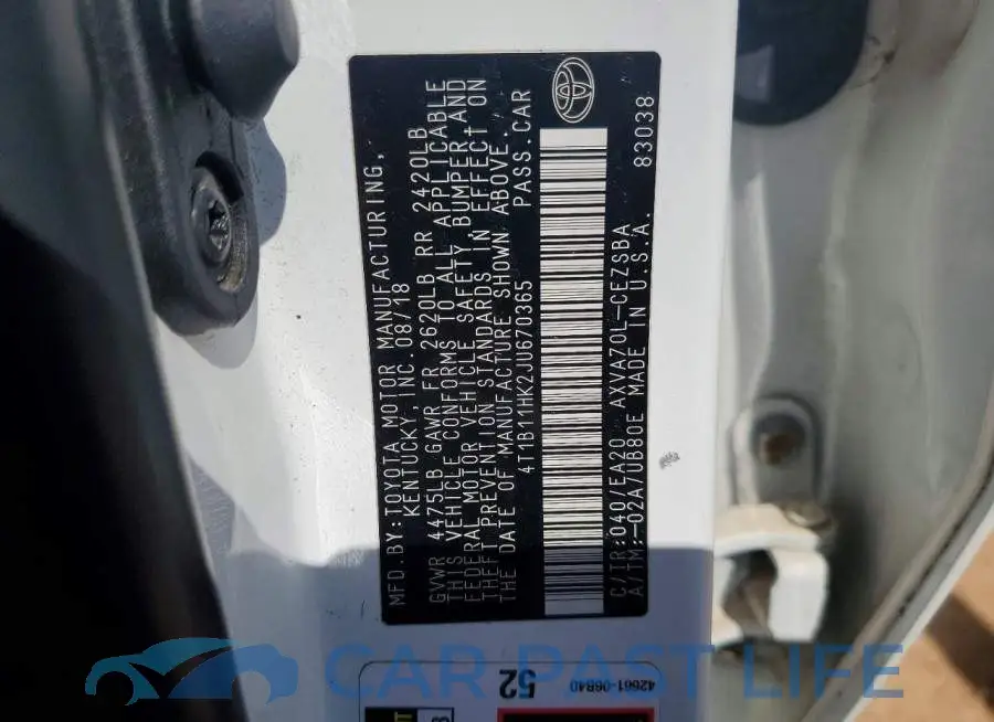 4T1B11HK2JU670365# 12