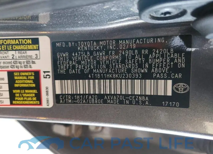 4T1B11HK8KU230393# 12