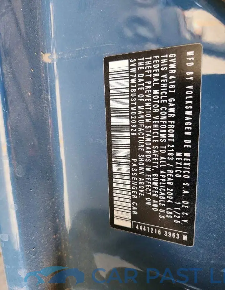 3VW7W7BU3TM020926# 12