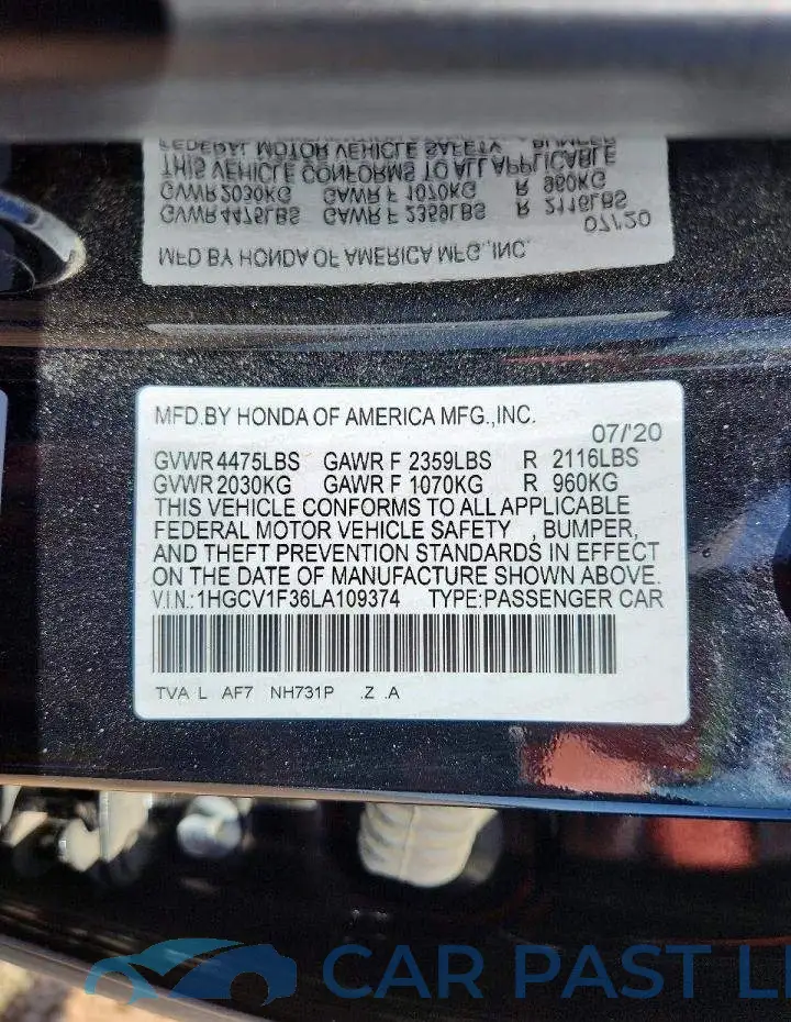 1HGCV1F36LA109374# 12
