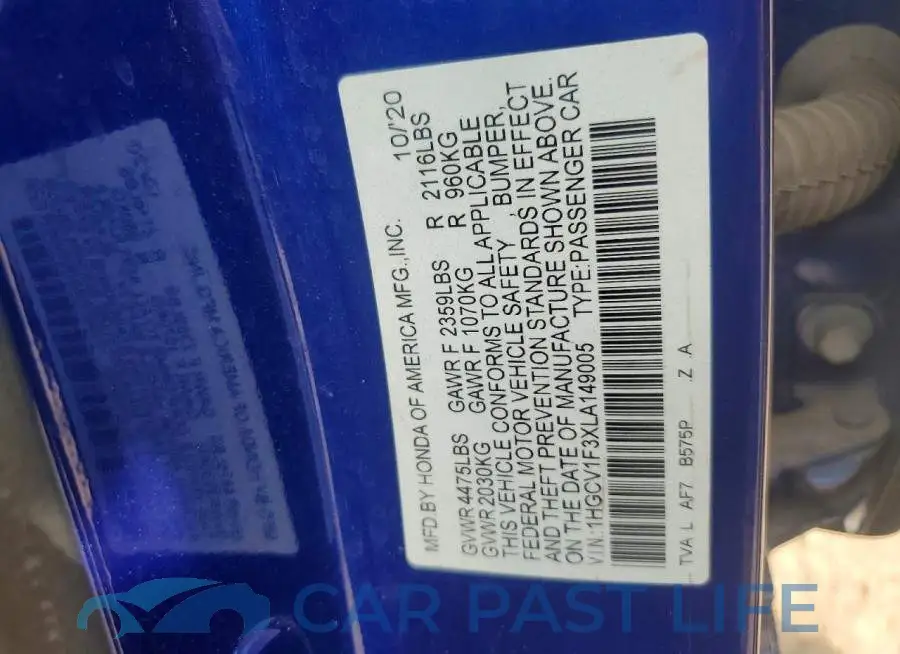 1HGCV1F3XLA149005# 12