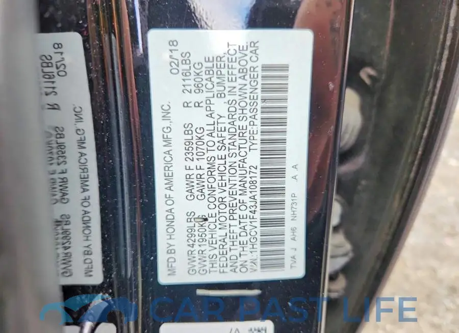 1HGCV1F43JA108172# 12