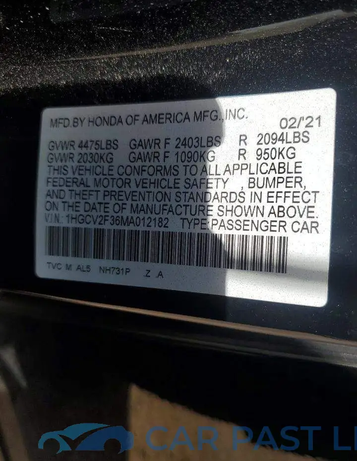 1HGCV2F36MA012182# 12