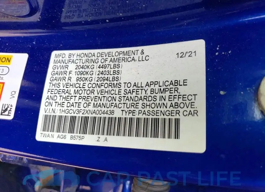 1HGCV3F2XNA004438# 12