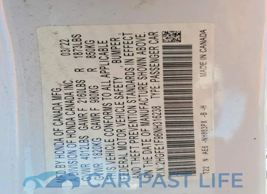 2HGFE1F96NH316238# 12