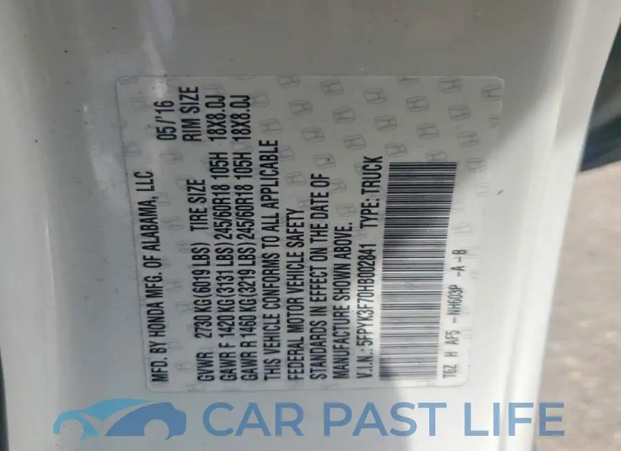 5FPYK3F70HB002841# 12