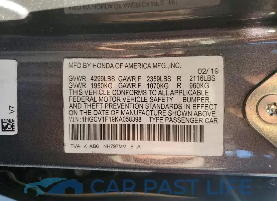 1HGCV1F19KA058398# 12