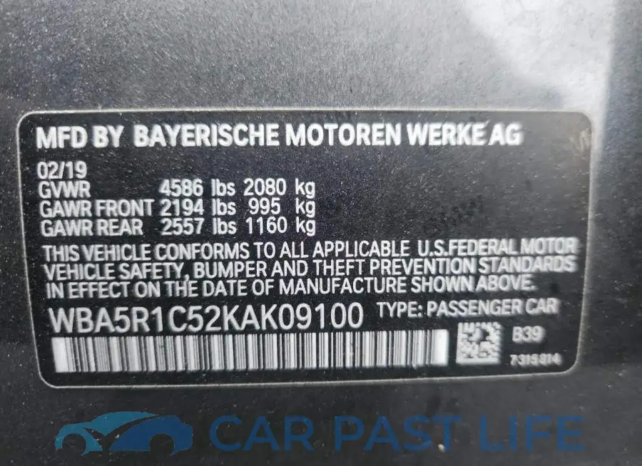 WBA5R1C52KAK09100# 12