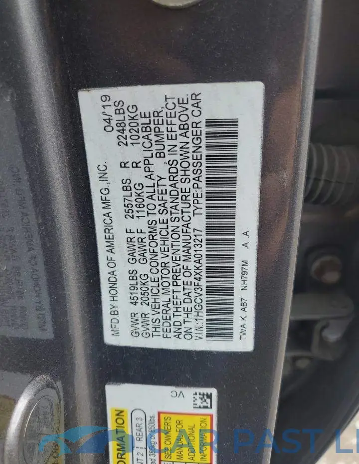 1HGCV3F4XKA013217# 12
