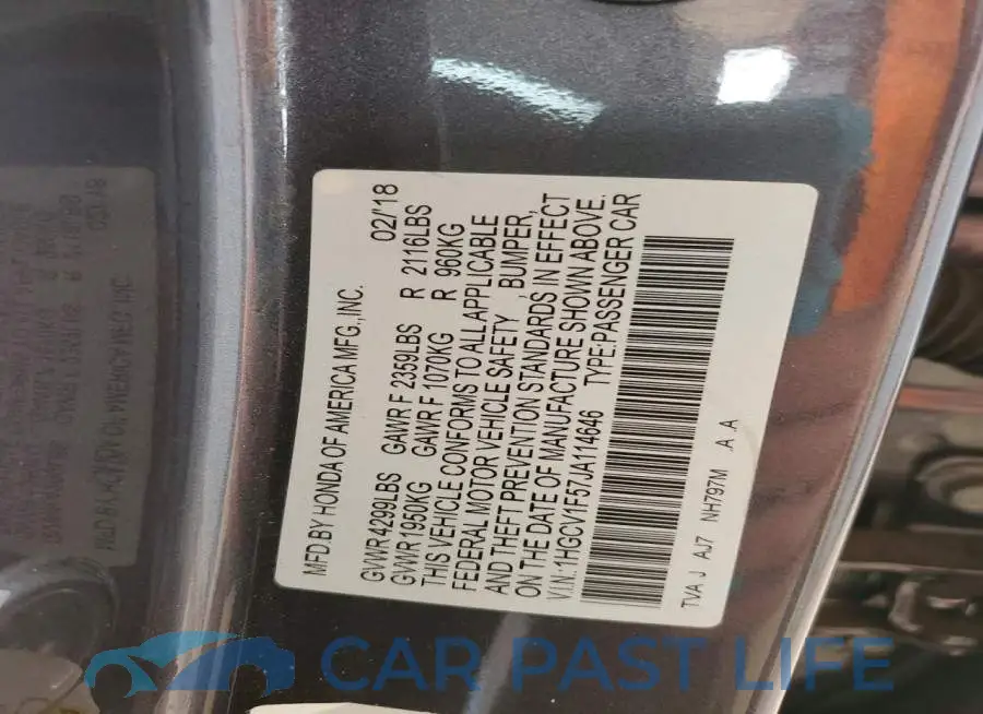 1HGCV1F57JA114646# 12