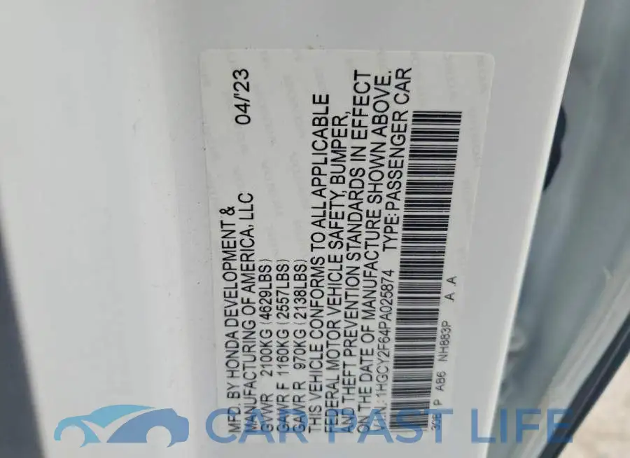 1HGCY2F64PA025874# 12