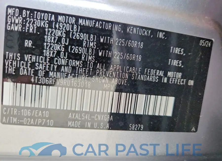 4T3D6RFV9RU163018# 12