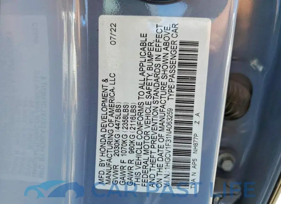 1HGCV1F31NA063259# 12