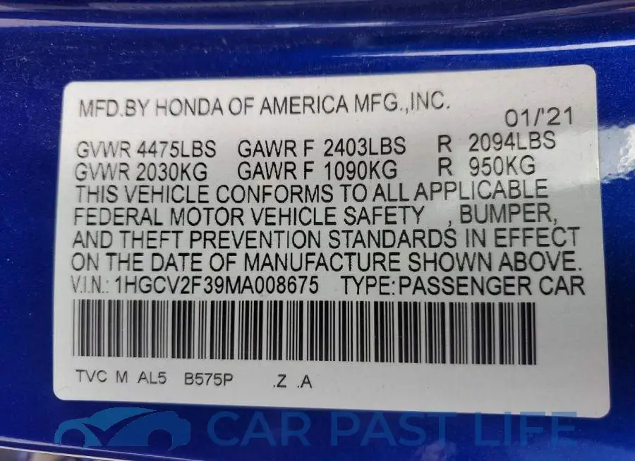 1HGCV2F39MA008675# 12