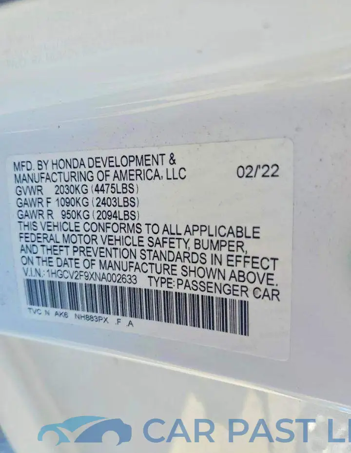 1HGCV2F9XNA002633# 12