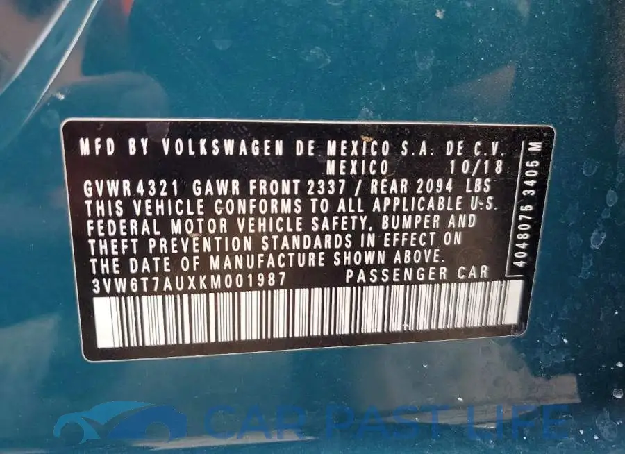 3VW6T7AUXKM001987# 12