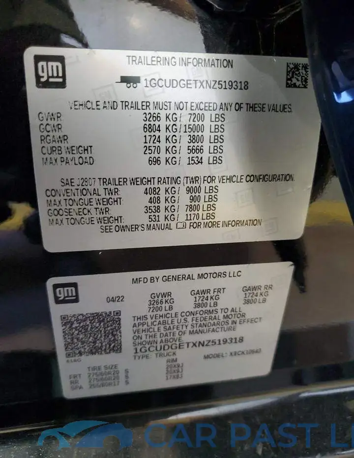 1GCUDGETXNZ519318# 12