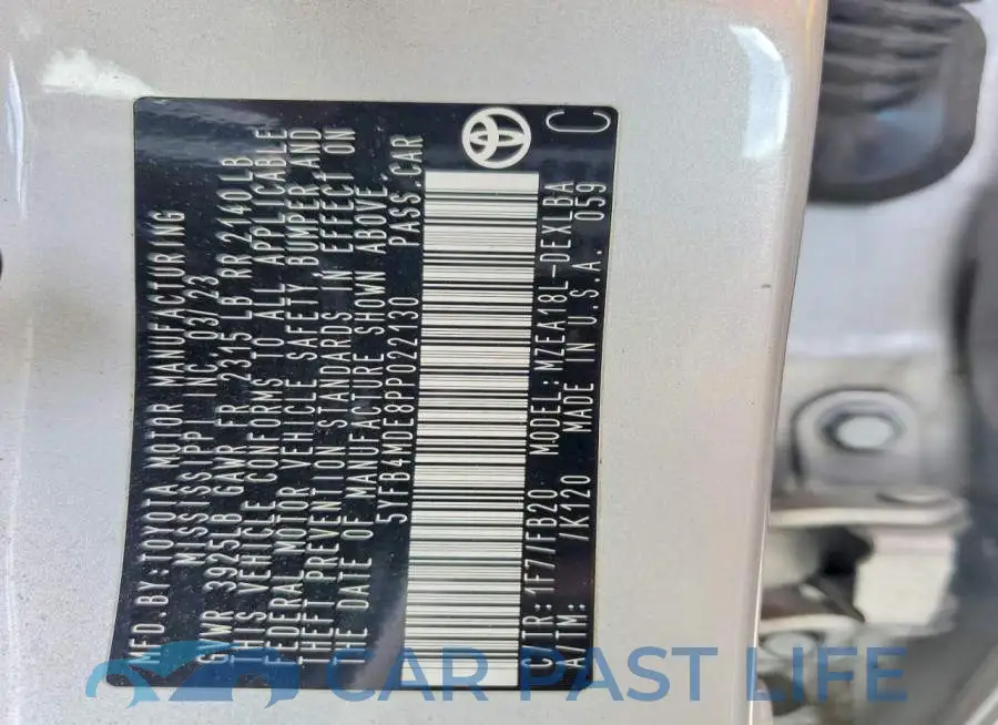 5YFB4MDE8PP022130# 12