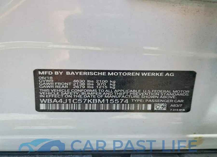 WBA4J1C57KBM15574# 12